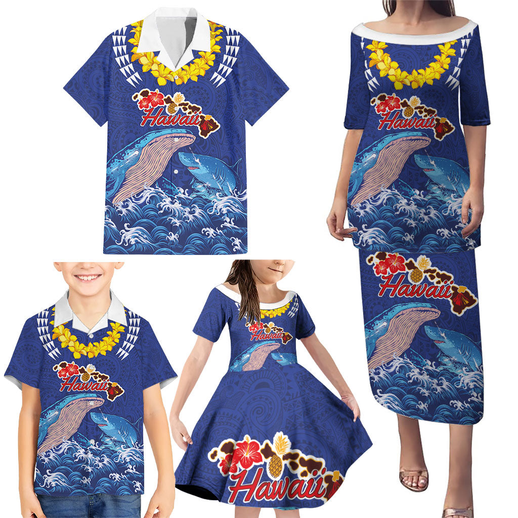 Hawaiian Sea Animals Family Matching Puletasi and Hawaiian Shirt Whales Shark and Turtle Guardians with Tribal Pattern LT03 - Polynesian Pride