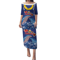 Hawaiian Sea Animals Family Matching Puletasi and Hawaiian Shirt Whales Shark and Turtle Guardians with Tribal Pattern LT03 Mom's Dress Blue - Polynesian Pride