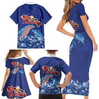 Hawaiian Sea Animals Family Matching Short Sleeve Bodycon Dress and Hawaiian Shirt Whales Shark and Turtle Guardians with Tribal Pattern LT03 - Polynesian Pride