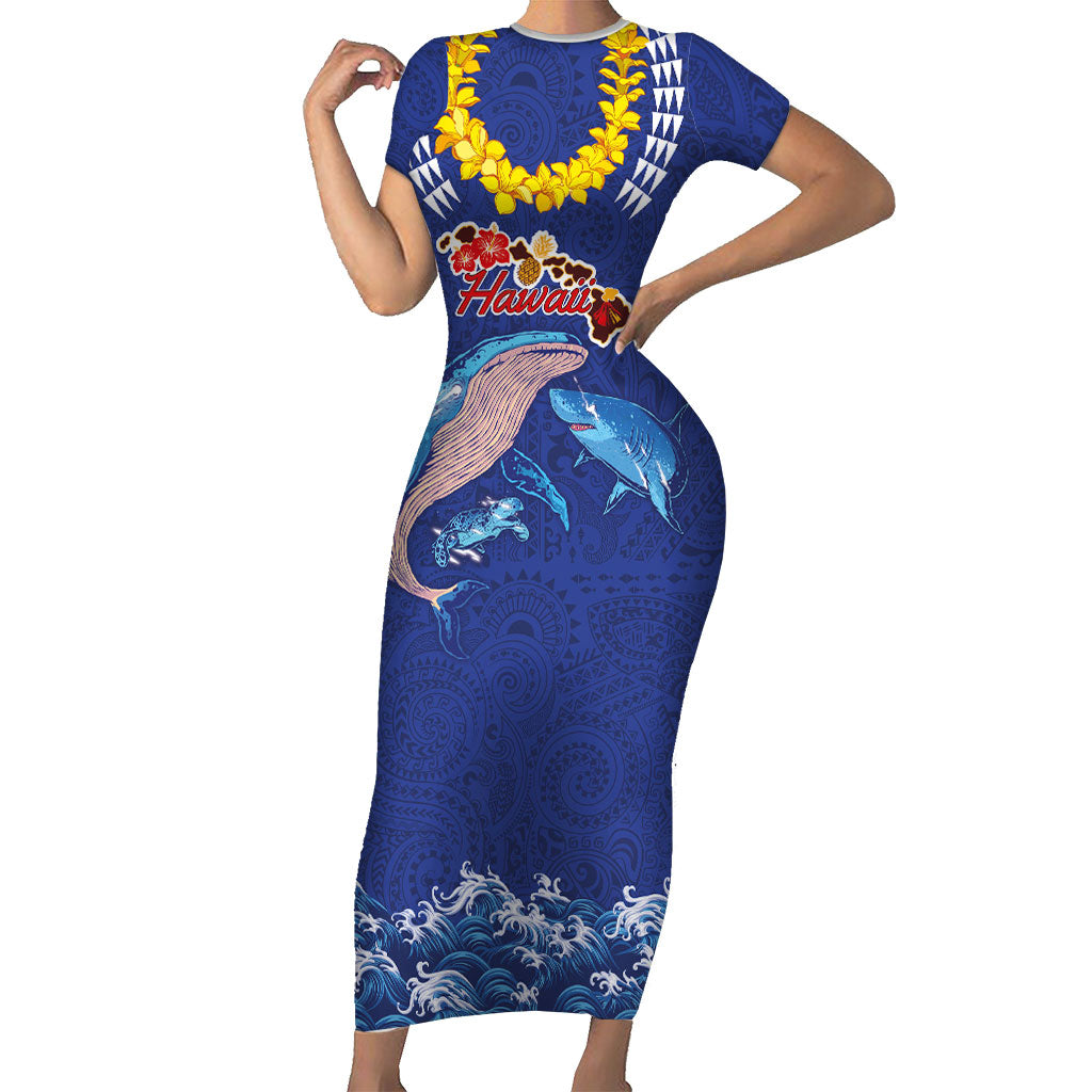 Hawaiian Sea Animals Family Matching Short Sleeve Bodycon Dress and Hawaiian Shirt Whales Shark and Turtle Guardians with Tribal Pattern LT03 Mom's Dress Blue - Polynesian Pride