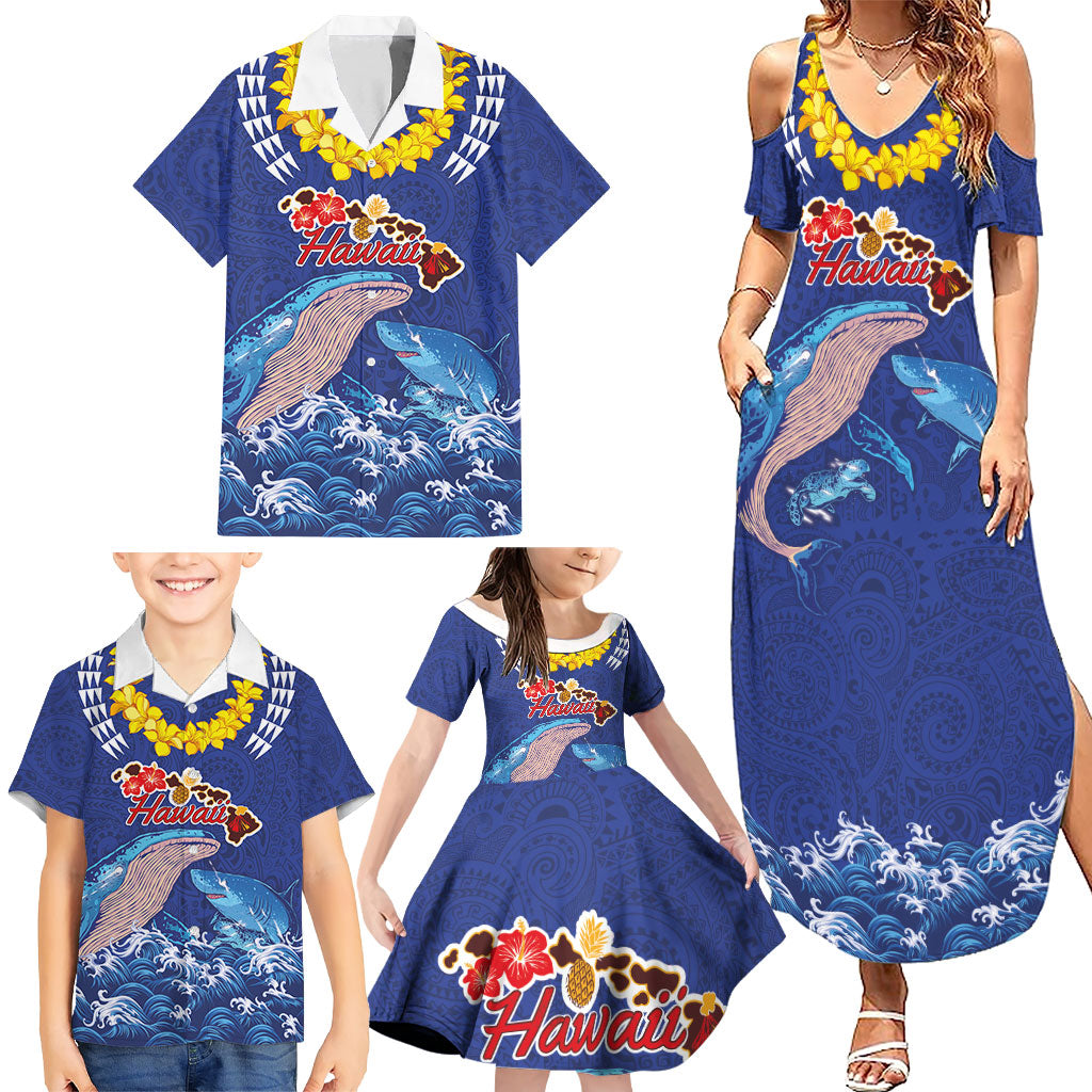 Hawaiian Sea Animals Family Matching Summer Maxi Dress and Hawaiian Shirt Whales Shark and Turtle Guardians with Tribal Pattern LT03 - Polynesian Pride