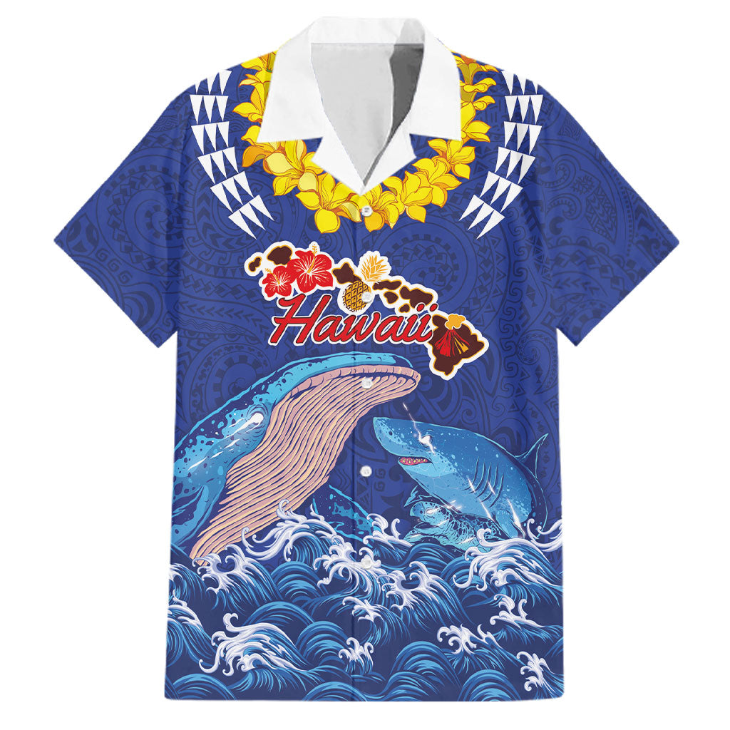Hawaiian Sea Animals Family Matching Tank Maxi Dress and Hawaiian Shirt Whales Shark and Turtle Guardians with Tribal Pattern LT03 Dad's Shirt - Short Sleeve Blue - Polynesian Pride