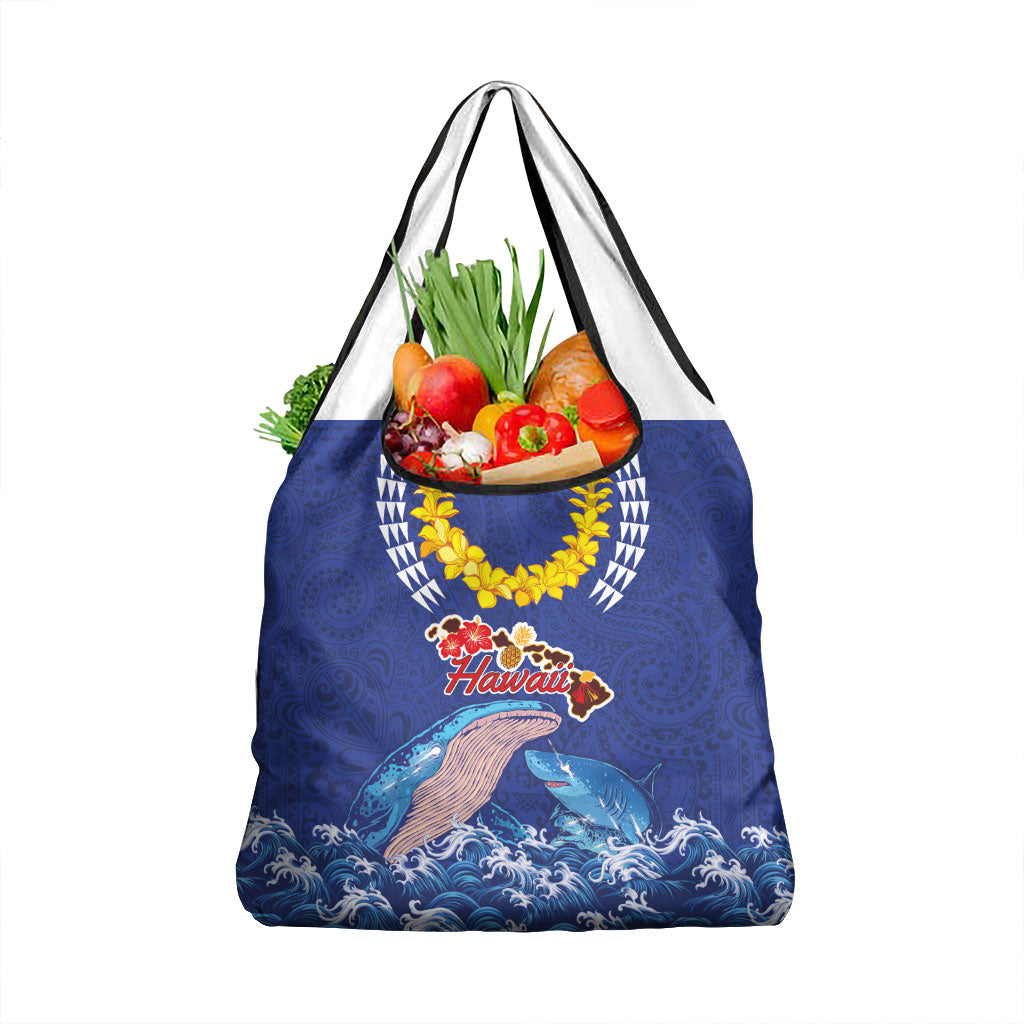 Hawaiian Sea Animals Grocery Bag Whales Shark and Turtle Guardians with Tribal Pattern