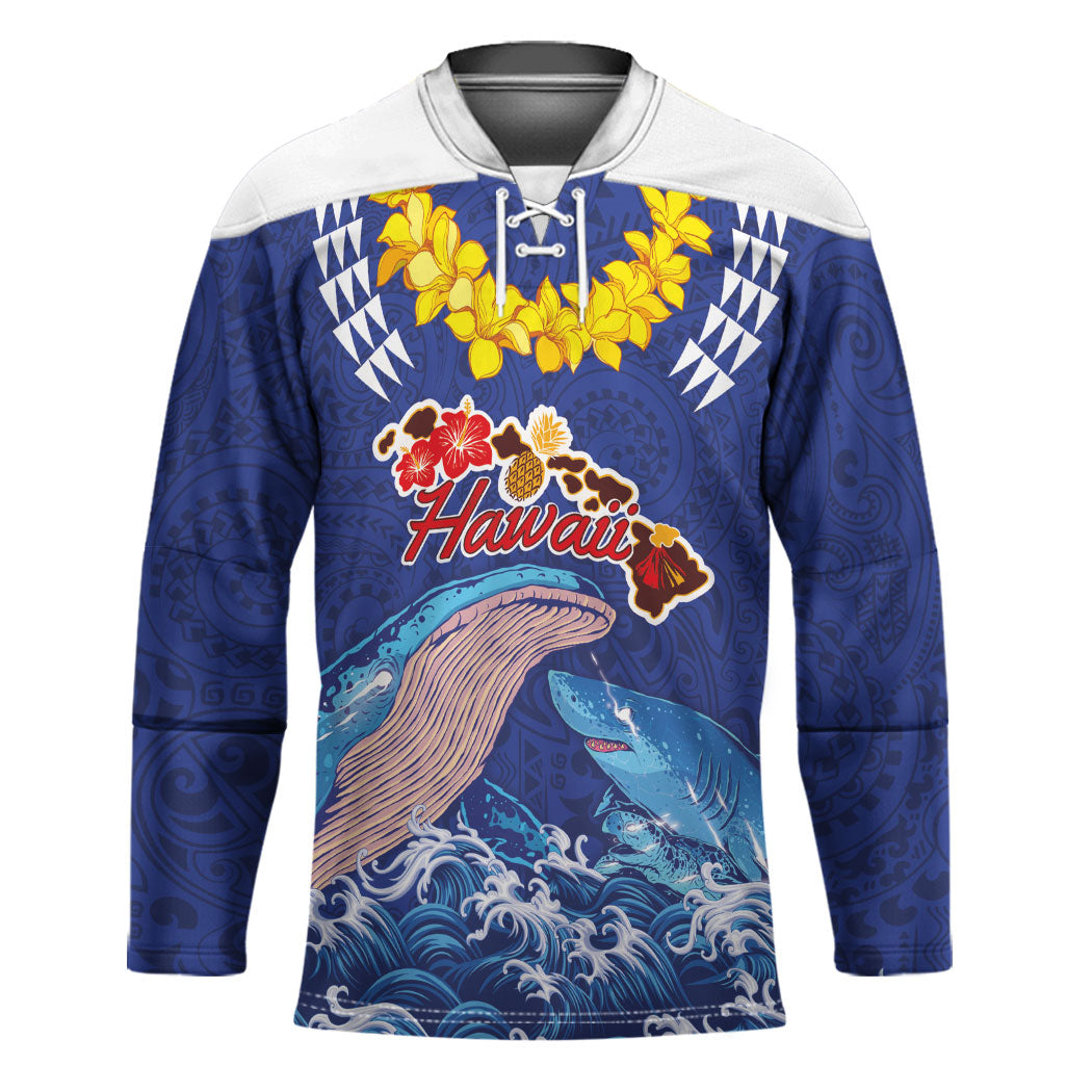 Hawaiian Sea Animals Hockey Jersey Whales Shark and Turtle Guardians with Tribal Pattern