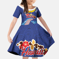 Hawaiian Sea Animals Kid Short Sleeve Dress Whales Shark and Turtle Guardians with Tribal Pattern