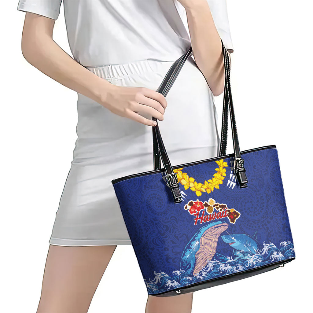 Hawaiian Sea Animals Leather Tote Bag Whales Shark and Turtle Guardians with Tribal Pattern