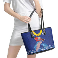 Hawaiian Sea Animals Leather Tote Bag Whales Shark and Turtle Guardians with Tribal Pattern