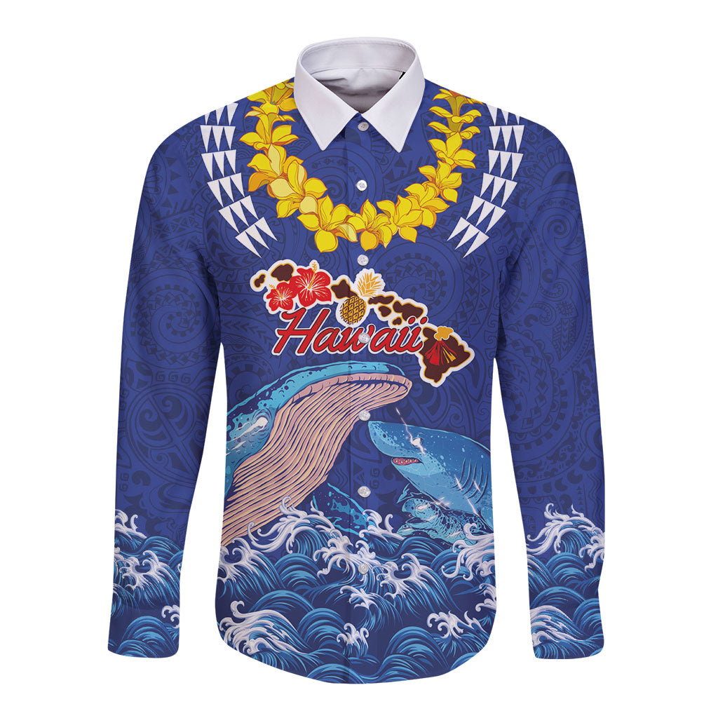 Hawaiian Sea Animals Long Sleeve Button Shirt Whales Shark and Turtle Guardians with Tribal Pattern