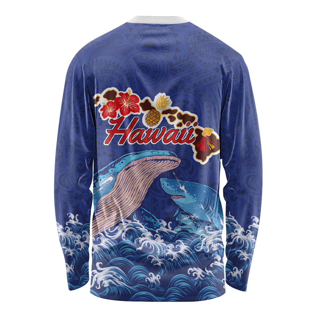 Hawaiian Sea Animals Long Sleeve Shirt Whales Shark and Turtle Guardians with Tribal Pattern