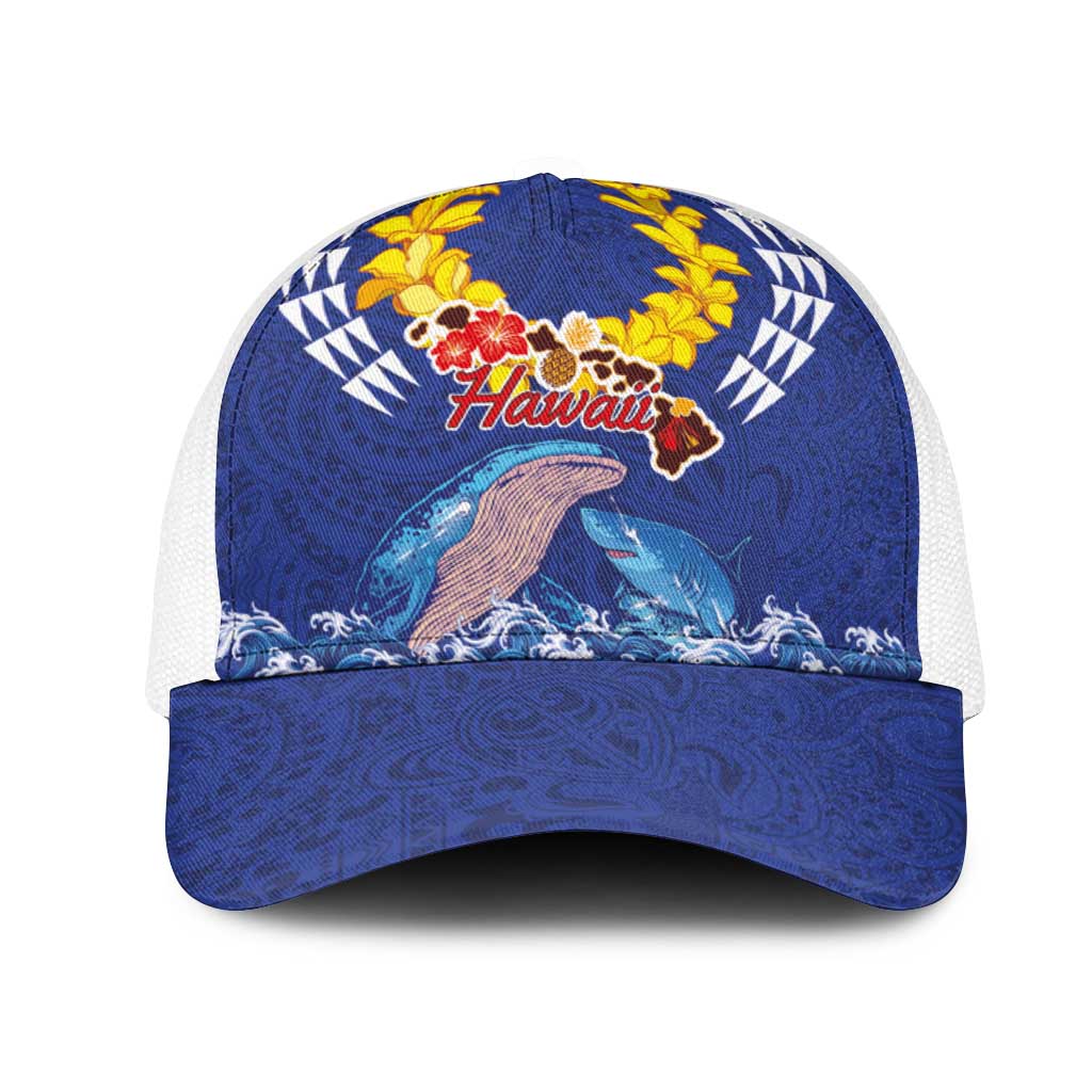 Hawaiian Sea Animals Mesh Trucker Cap Whales Shark and Turtle Guardians with Tribal Pattern