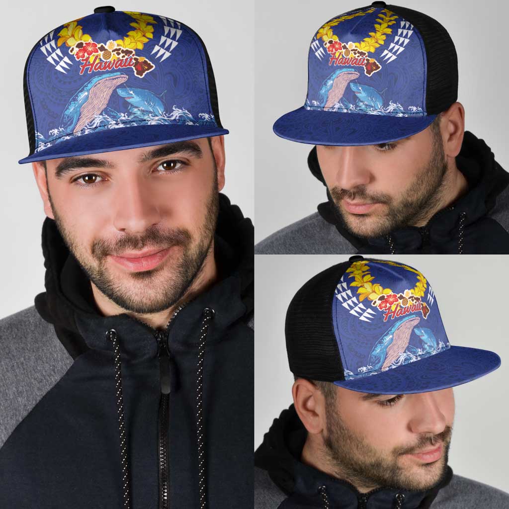 Hawaiian Sea Animals Mesh Trucker Cap Whales Shark and Turtle Guardians with Tribal Pattern
