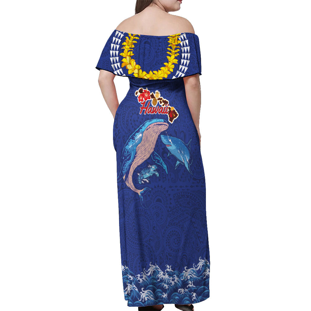 Hawaiian Sea Animals Off Shoulder Maxi Dress Whales Shark and Turtle Guardians with Tribal Pattern