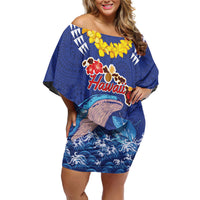 Hawaiian Sea Animals Off Shoulder Short Dress Whales Shark and Turtle Guardians with Tribal Pattern