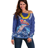 Hawaiian Sea Animals Off Shoulder Sweater Whales Shark and Turtle Guardians with Tribal Pattern