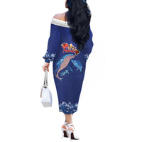 Hawaiian Sea Animals Off The Shoulder Long Sleeve Dress Whales Shark and Turtle Guardians with Tribal Pattern