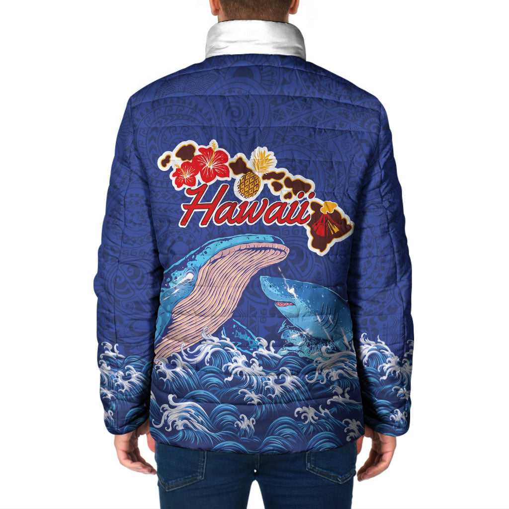 Hawaiian Sea Animals Padded Jacket Whales Shark and Turtle Guardians with Tribal Pattern