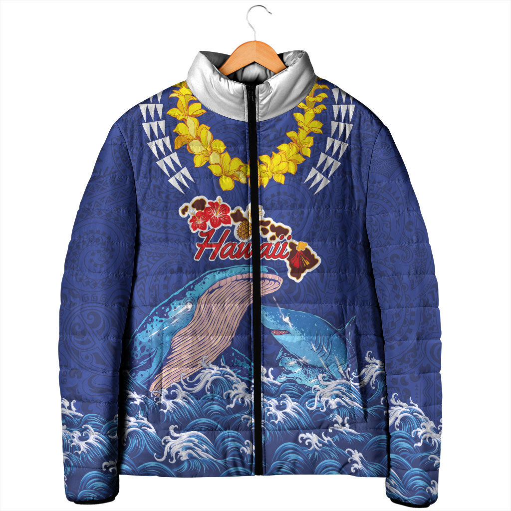 Hawaiian Sea Animals Padded Jacket Whales Shark and Turtle Guardians with Tribal Pattern