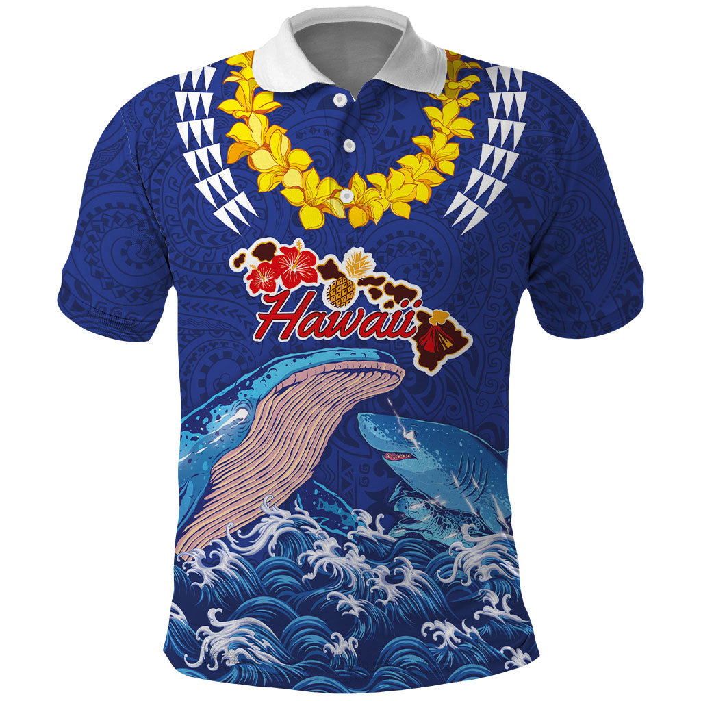 Hawaiian Sea Animals Polo Shirt Whales Shark and Turtle Guardians with Tribal Pattern
