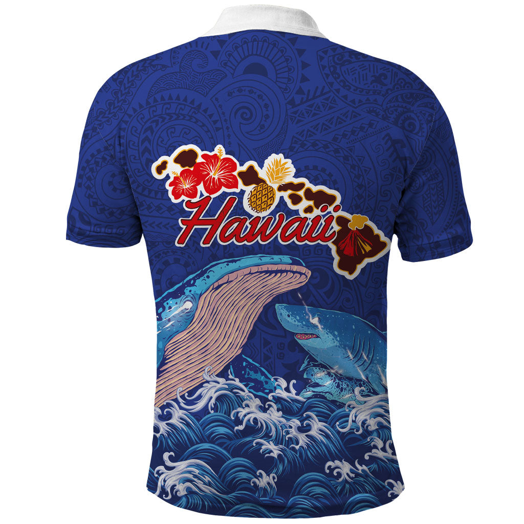 Hawaiian Sea Animals Polo Shirt Whales Shark and Turtle Guardians with Tribal Pattern