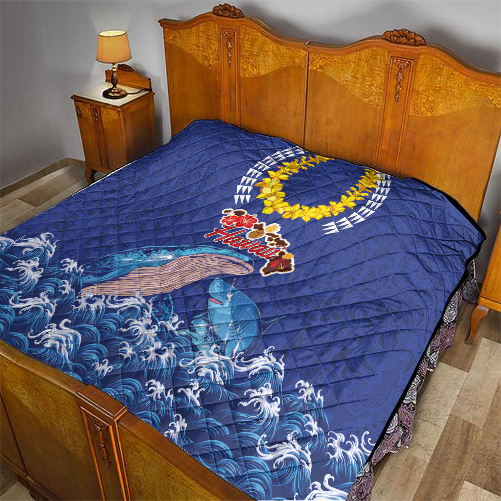 Hawaiian Sea Animals Quilt Whales Shark and Turtle Guardians with Tribal Pattern
