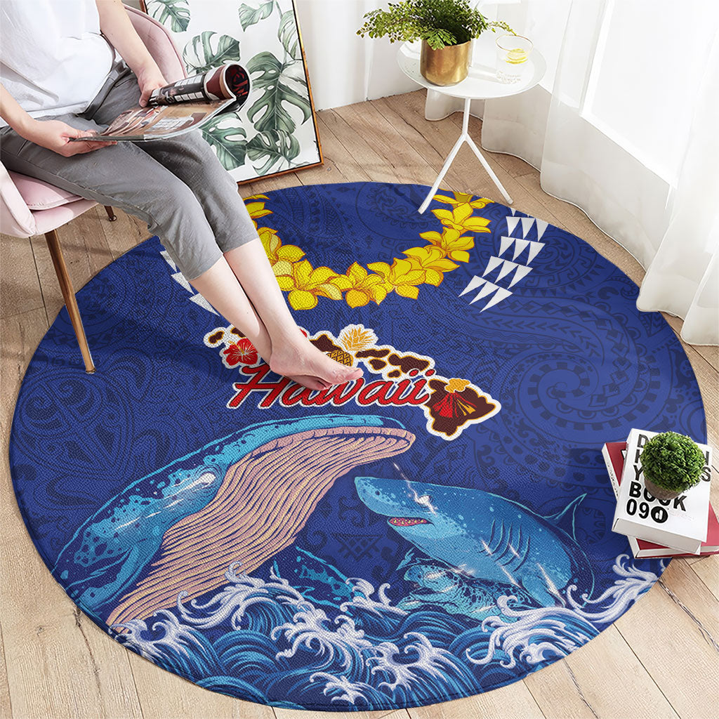Hawaiian Sea Animals Round Carpet Whales Shark and Turtle Guardians with Tribal Pattern