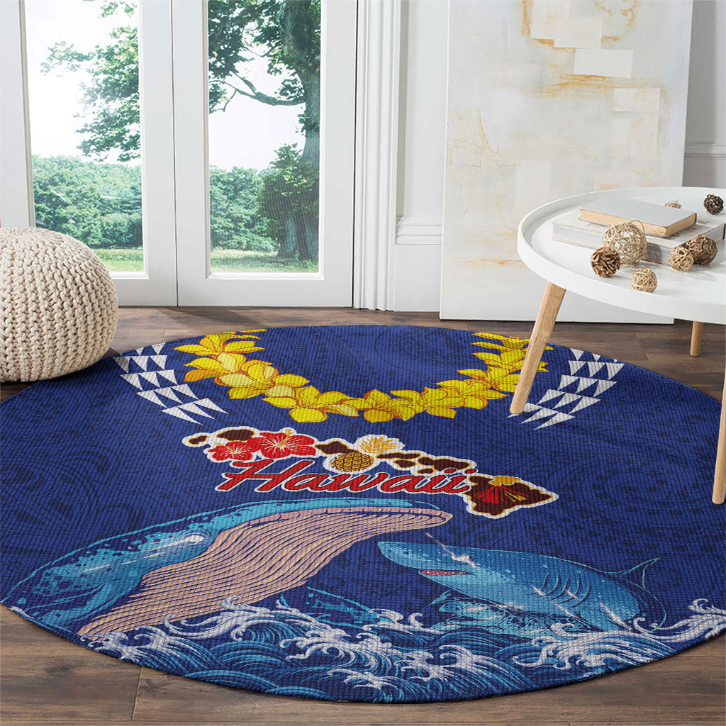 Hawaiian Sea Animals Round Carpet Whales Shark and Turtle Guardians with Tribal Pattern