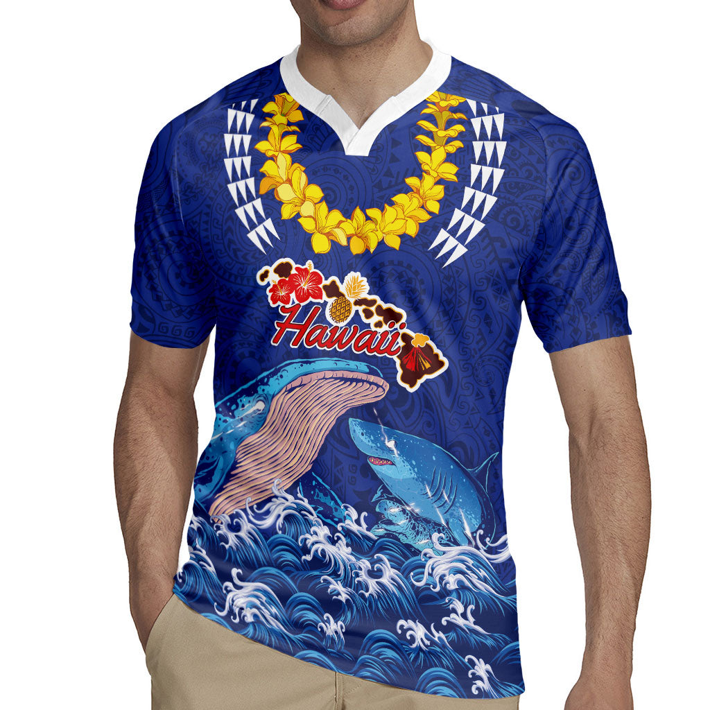 Hawaiian Sea Animals Rugby Jersey Whales Shark and Turtle Guardians with Tribal Pattern