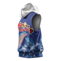 Hawaiian Sea Animals Sleeveless Hoodie Whales Shark and Turtle Guardians with Tribal Pattern