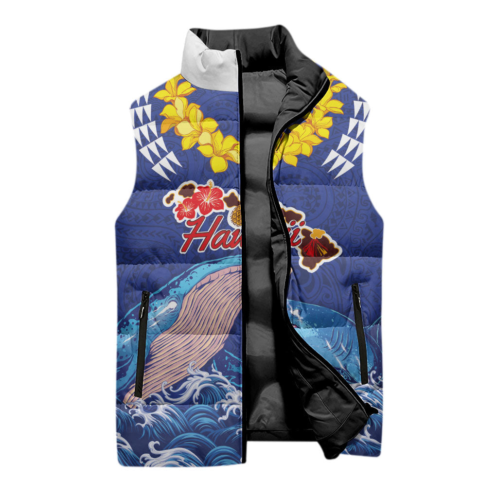 Hawaiian Sea Animals Sleeveless Puffer Jacket Whales Shark and Turtle Guardians with Tribal Pattern