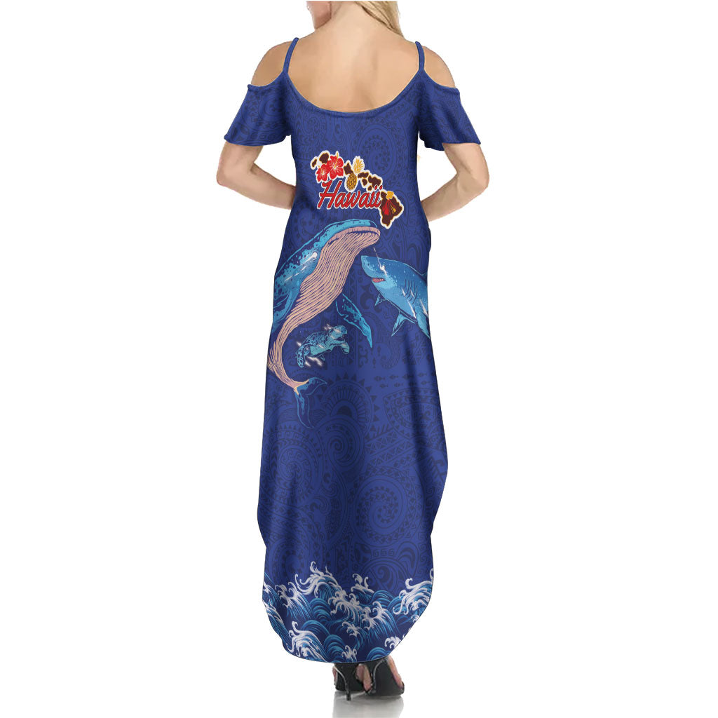 Hawaiian Sea Animals Summer Maxi Dress Whales Shark and Turtle Guardians with Tribal Pattern