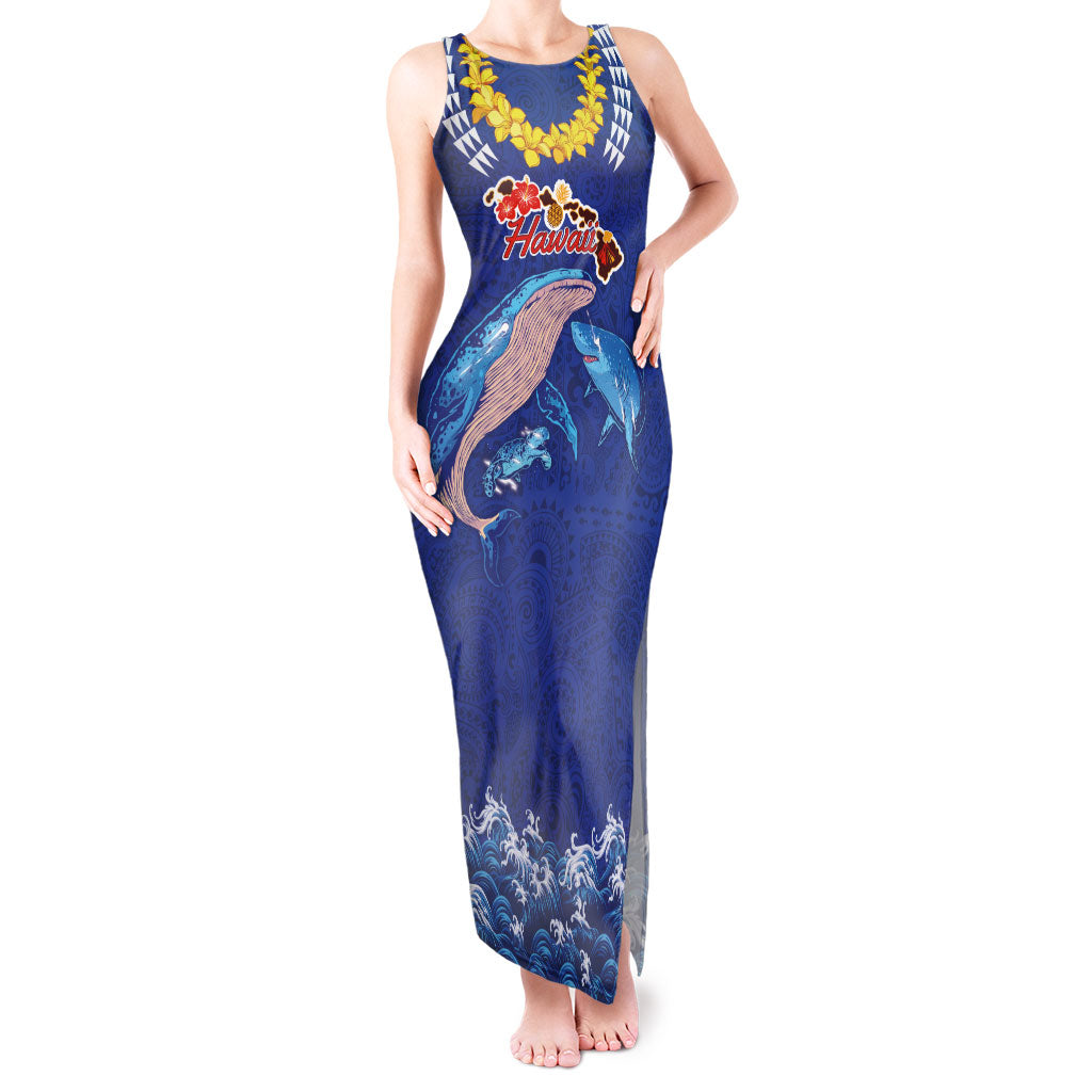 Hawaiian Sea Animals Tank Maxi Dress Whales Shark and Turtle Guardians with Tribal Pattern