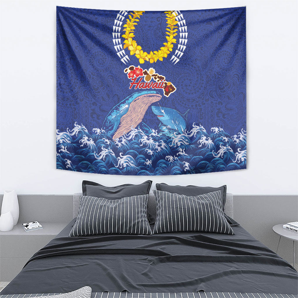 Hawaiian Sea Animals Tapestry Whales Shark and Turtle Guardians with Tribal Pattern