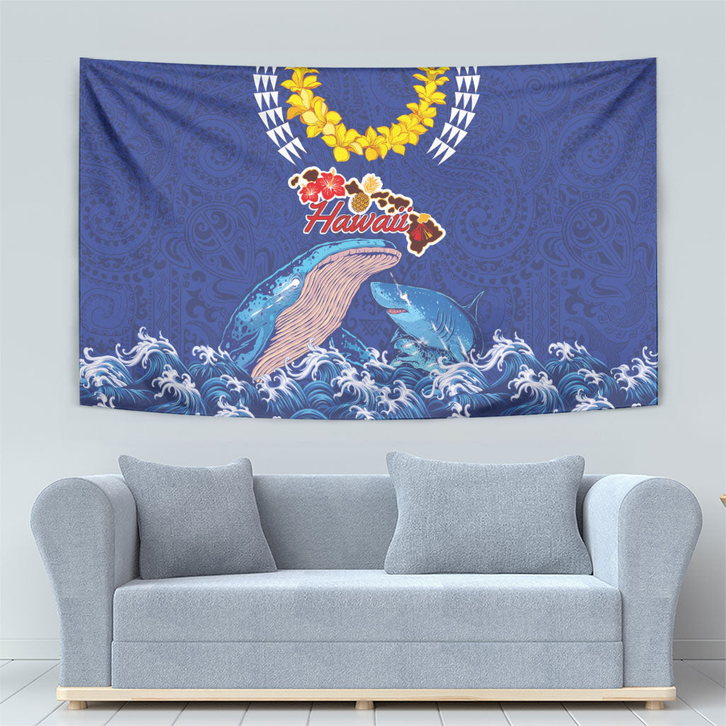 Hawaiian Sea Animals Tapestry Whales Shark and Turtle Guardians with Tribal Pattern