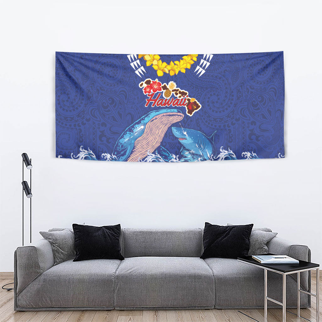 Hawaiian Sea Animals Tapestry Whales Shark and Turtle Guardians with Tribal Pattern