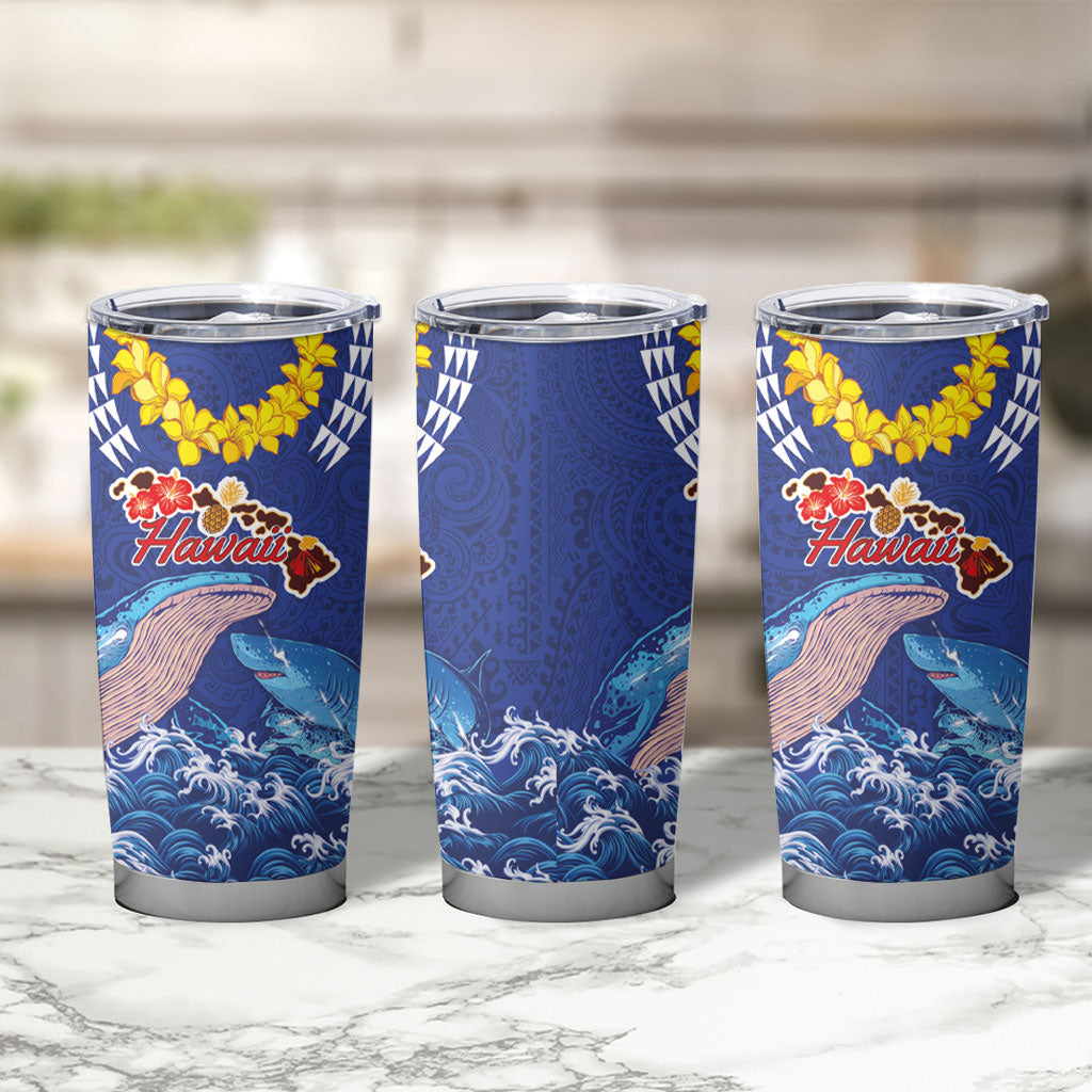 Hawaiian Sea Animals Tumbler Cup Whales Shark and Turtle Guardians with Tribal Pattern