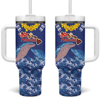 Hawaiian Sea Animals Tumbler With Handle Whales Shark and Turtle Guardians with Tribal Pattern