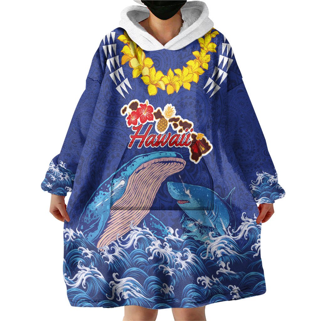 Hawaiian Sea Animals Wearable Blanket Hoodie Whales Shark and Turtle Guardians with Tribal Pattern