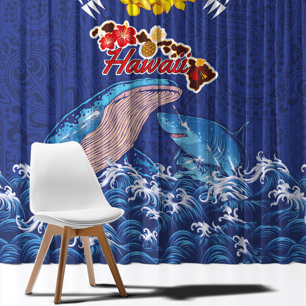 Hawaiian Sea Animals Window Curtain Whales Shark and Turtle Guardians with Tribal Pattern