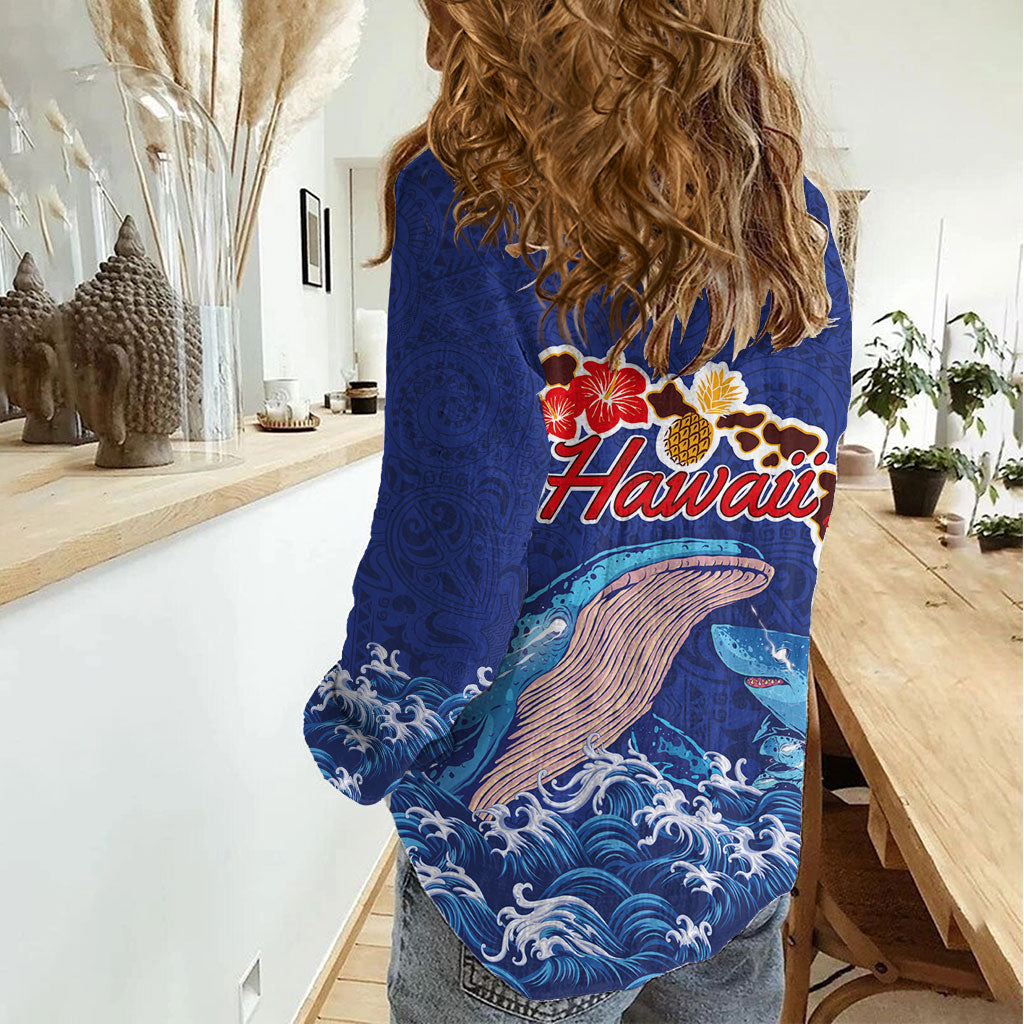 Hawaiian Sea Animals Women Casual Shirt Whales Shark and Turtle Guardians with Tribal Pattern