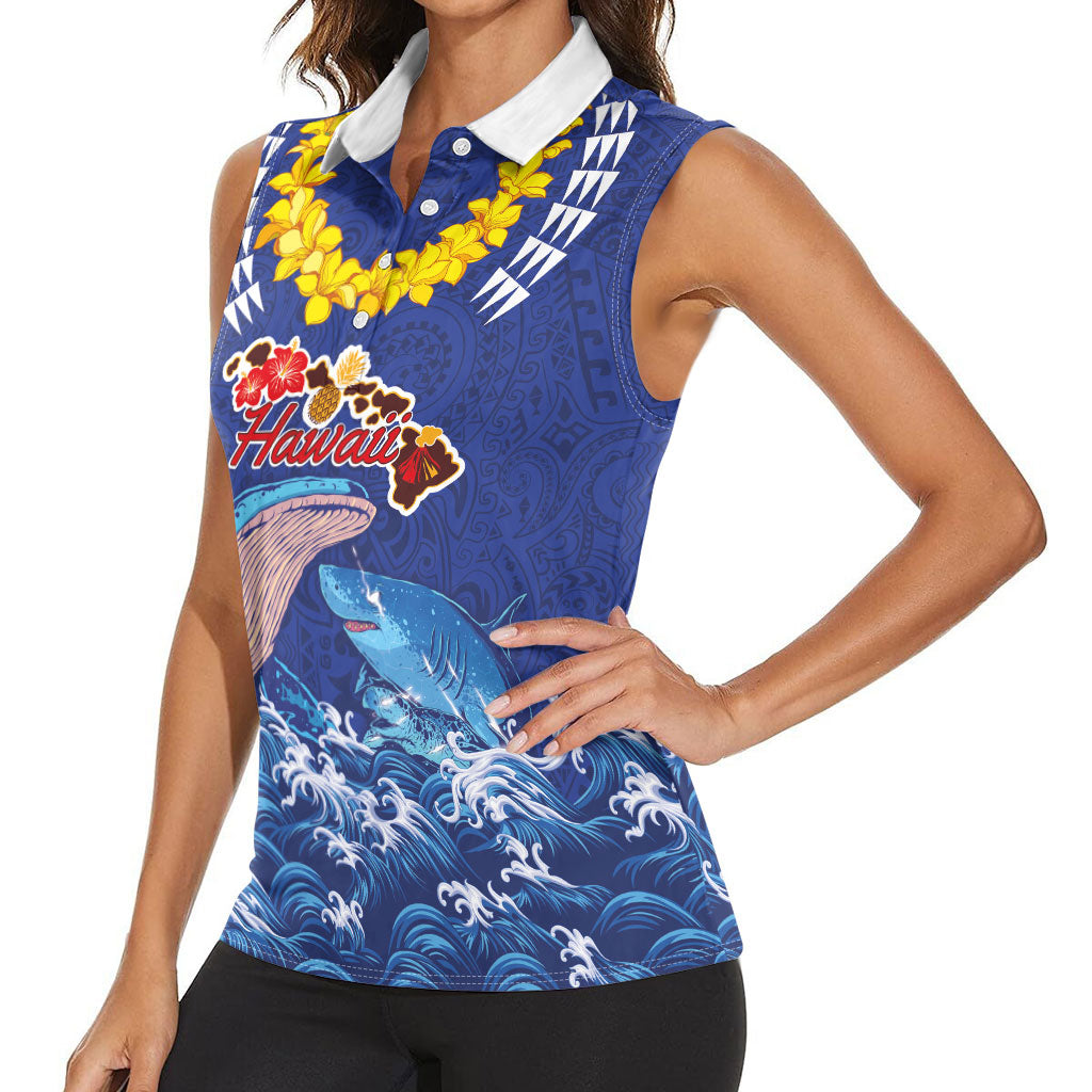 Hawaiian Sea Animals Women Sleeveless Polo Shirt Whales Shark and Turtle Guardians with Tribal Pattern