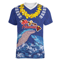 Hawaiian Sea Animals Women V-Neck T-Shirt Whales Shark and Turtle Guardians with Tribal Pattern