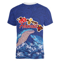 Hawaiian Sea Animals Women V-Neck T-Shirt Whales Shark and Turtle Guardians with Tribal Pattern