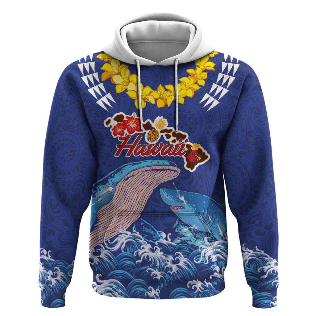 Hawaiian Sea Animals Zip Hoodie Whales Shark and Turtle Guardians with Tribal Pattern