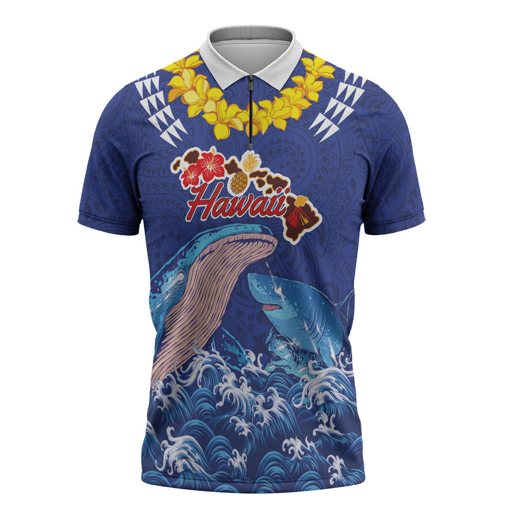 Hawaiian Sea Animals Zipper Polo Shirt Whales Shark and Turtle Guardians with Tribal Pattern