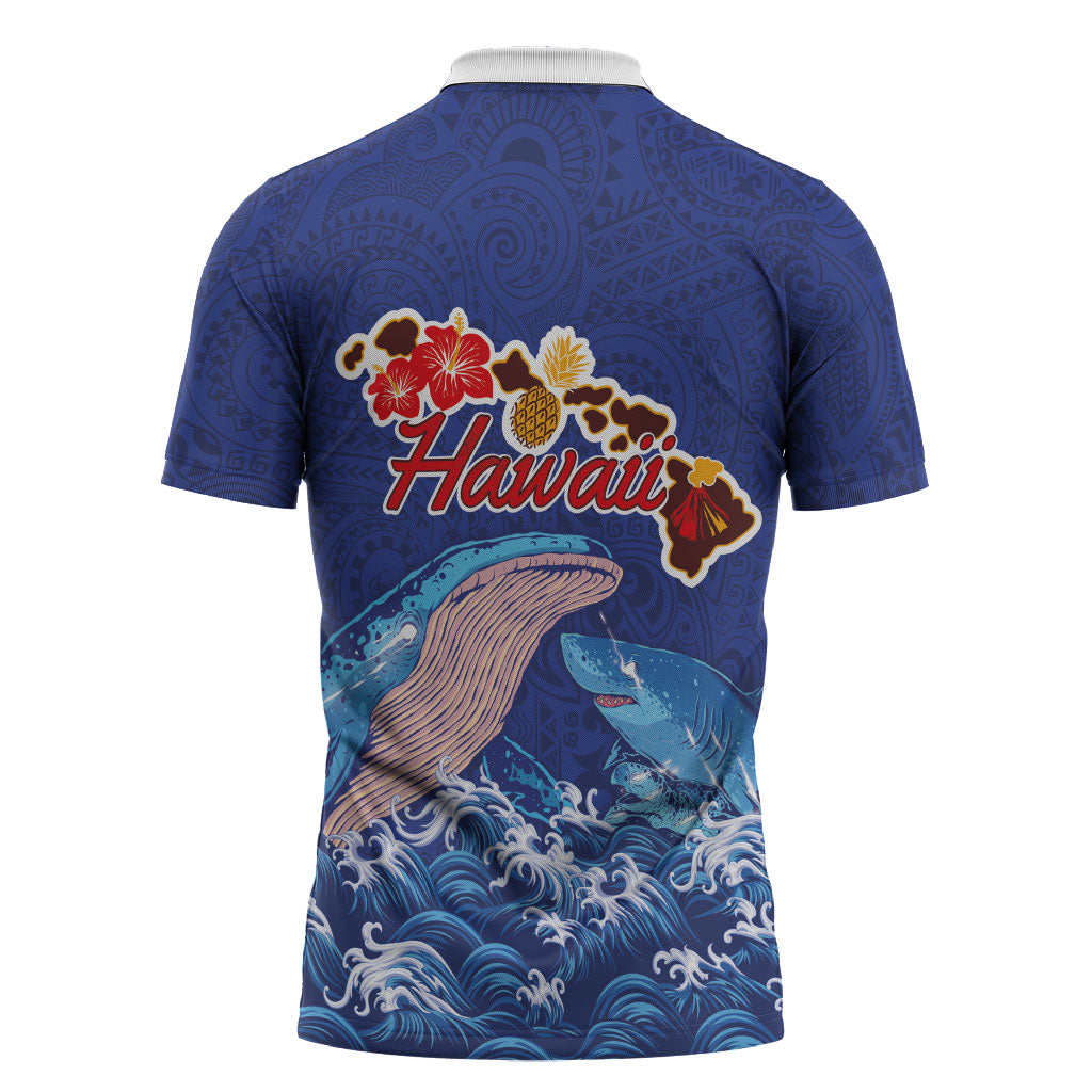 Hawaiian Sea Animals Zipper Polo Shirt Whales Shark and Turtle Guardians with Tribal Pattern