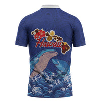 Hawaiian Sea Animals Zipper Polo Shirt Whales Shark and Turtle Guardians with Tribal Pattern