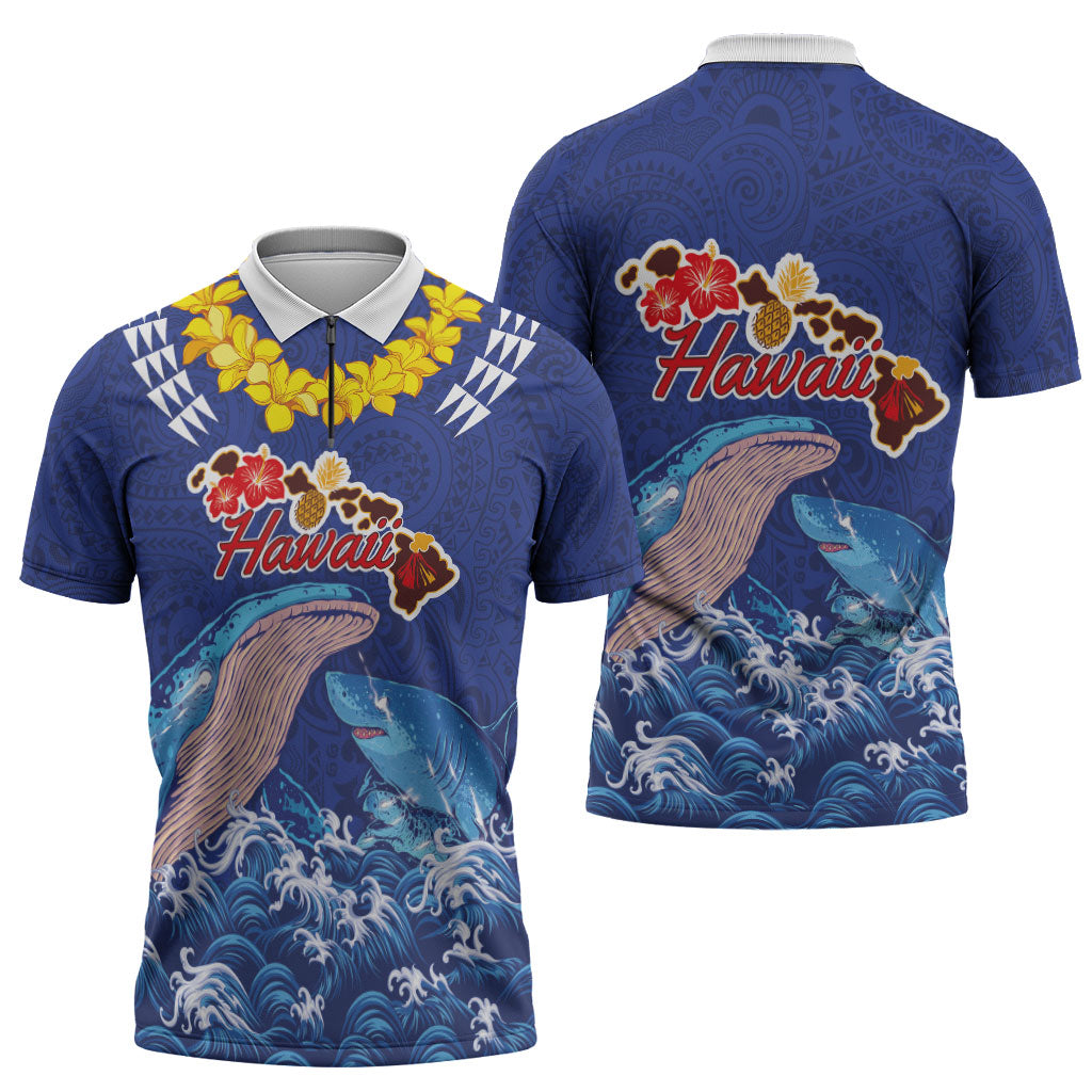 Hawaiian Sea Animals Zipper Polo Shirt Whales Shark and Turtle Guardians with Tribal Pattern