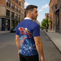 Hawaiian Sea Animals Zipper Polo Shirt Whales Shark and Turtle Guardians with Tribal Pattern
