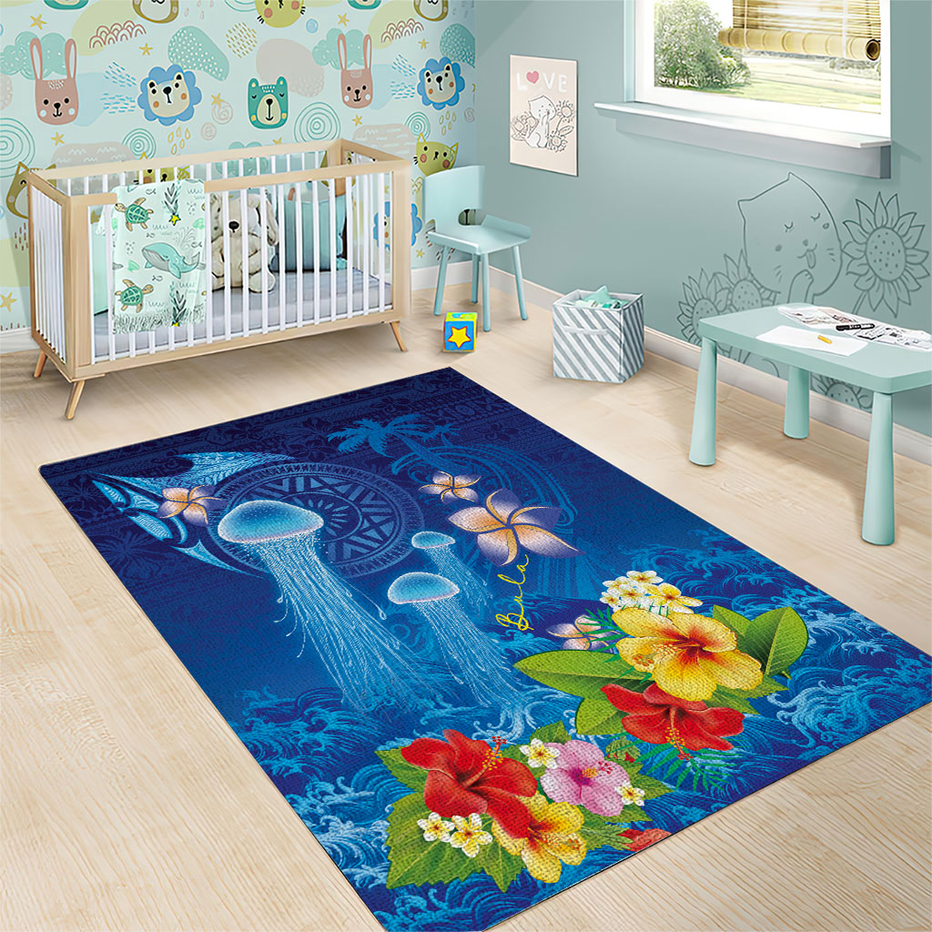 Fiji Jellyfish Area Rug Tapa Patterns and Hibiscus Sea Vibe