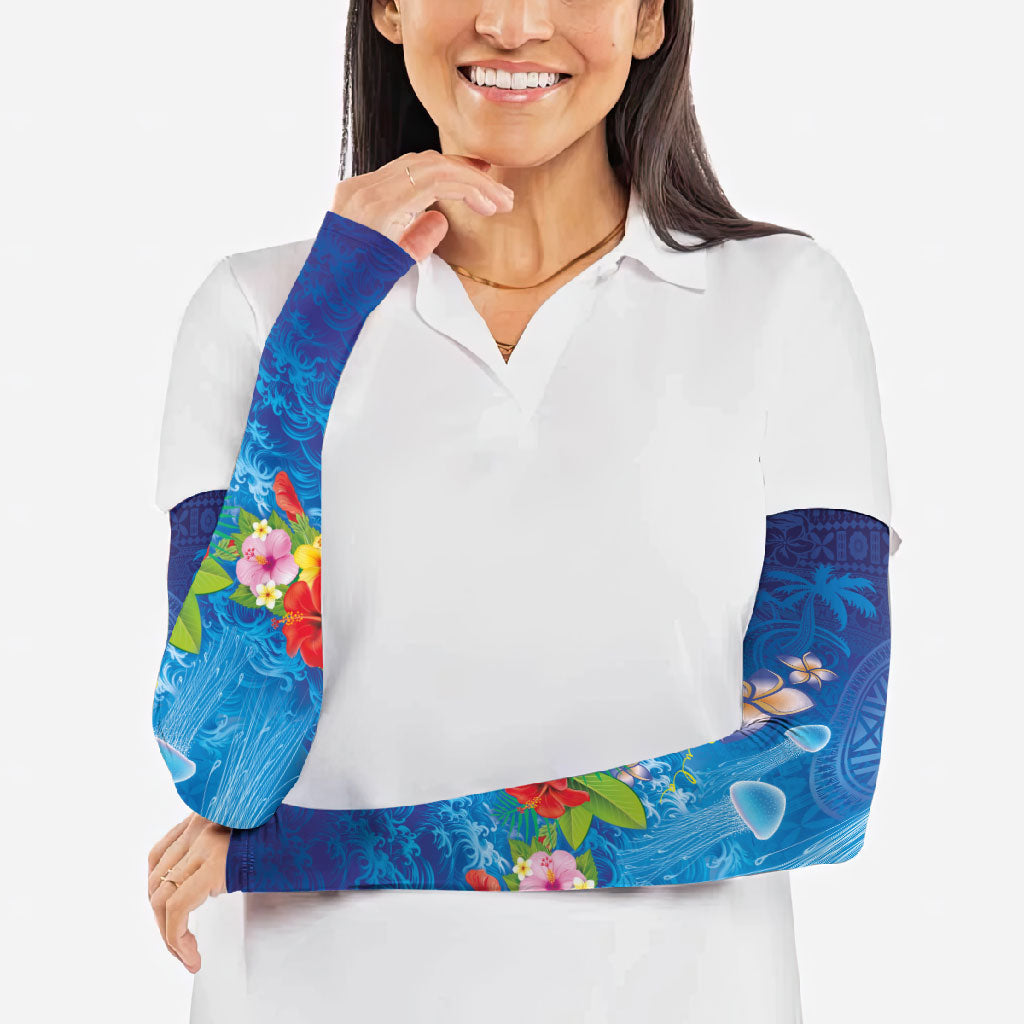 Fiji Jellyfish Arm Sleeves Tapa Patterns and Hibiscus Sea Vibe